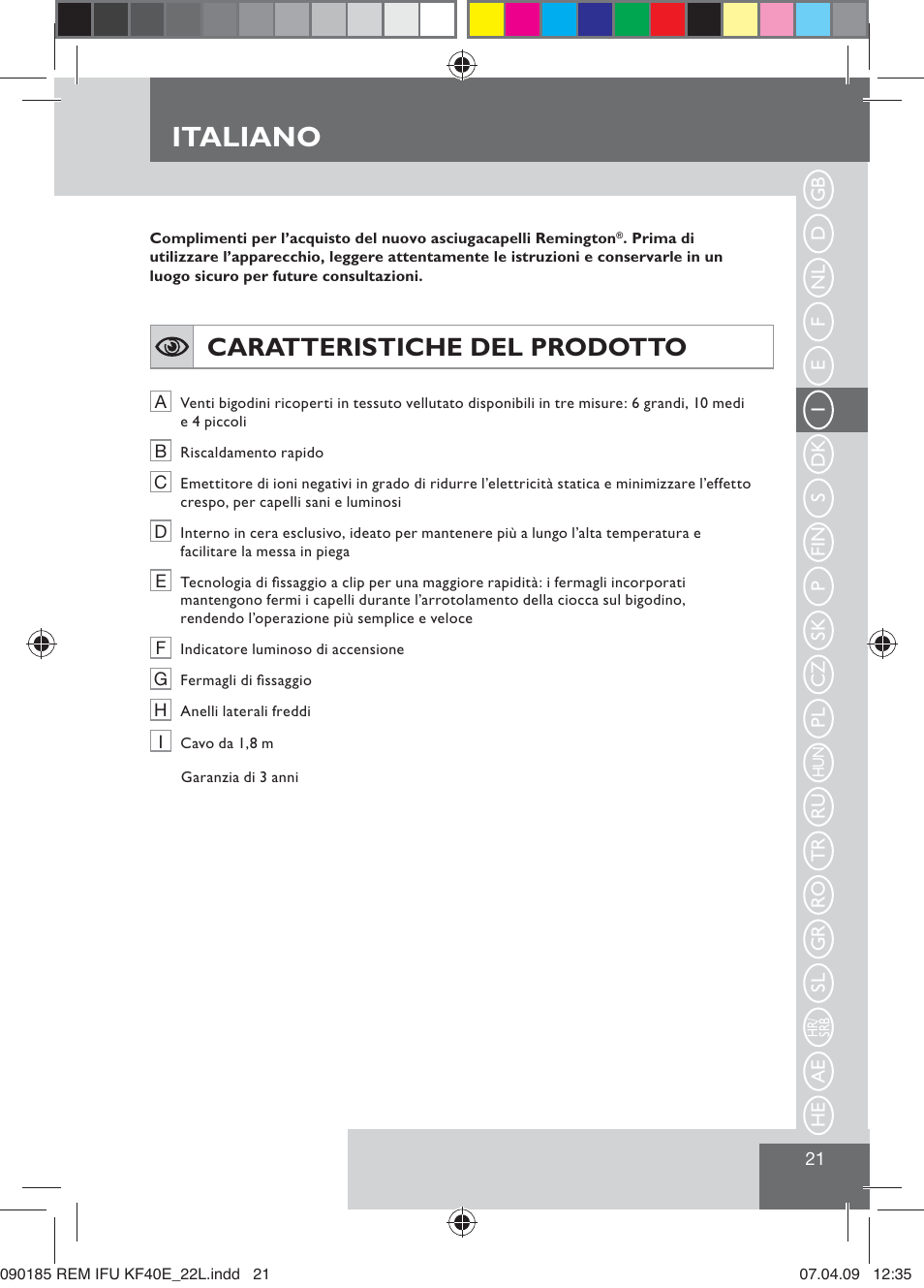 Italiano, Caratteristiche del prodotto | Remington KF40E User Manual | Page 23 / 87