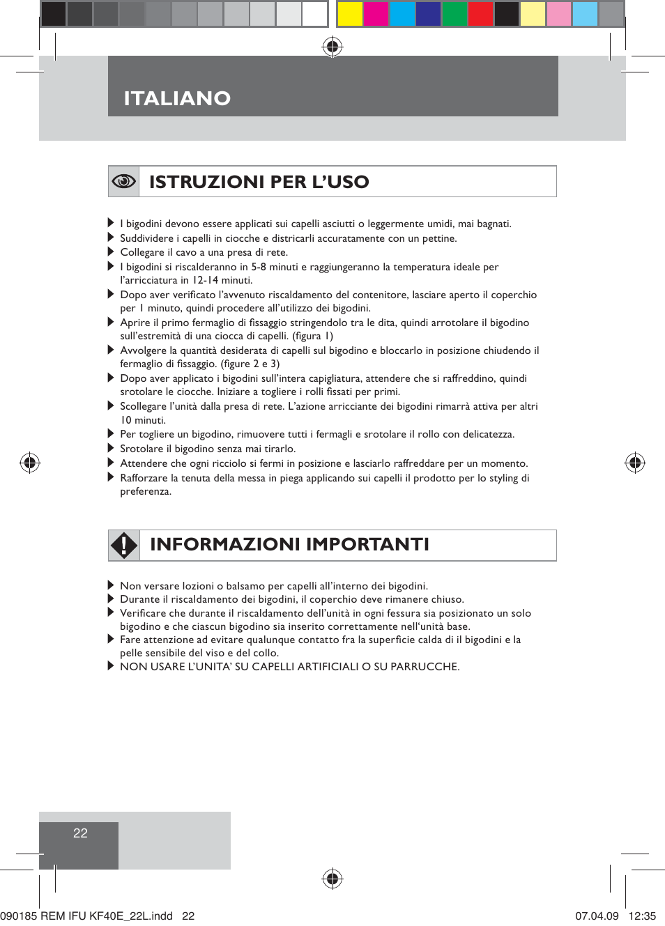 Italiano, Istruzioni per l’uso, Informazioni importanti | Remington KF40E User Manual | Page 24 / 87