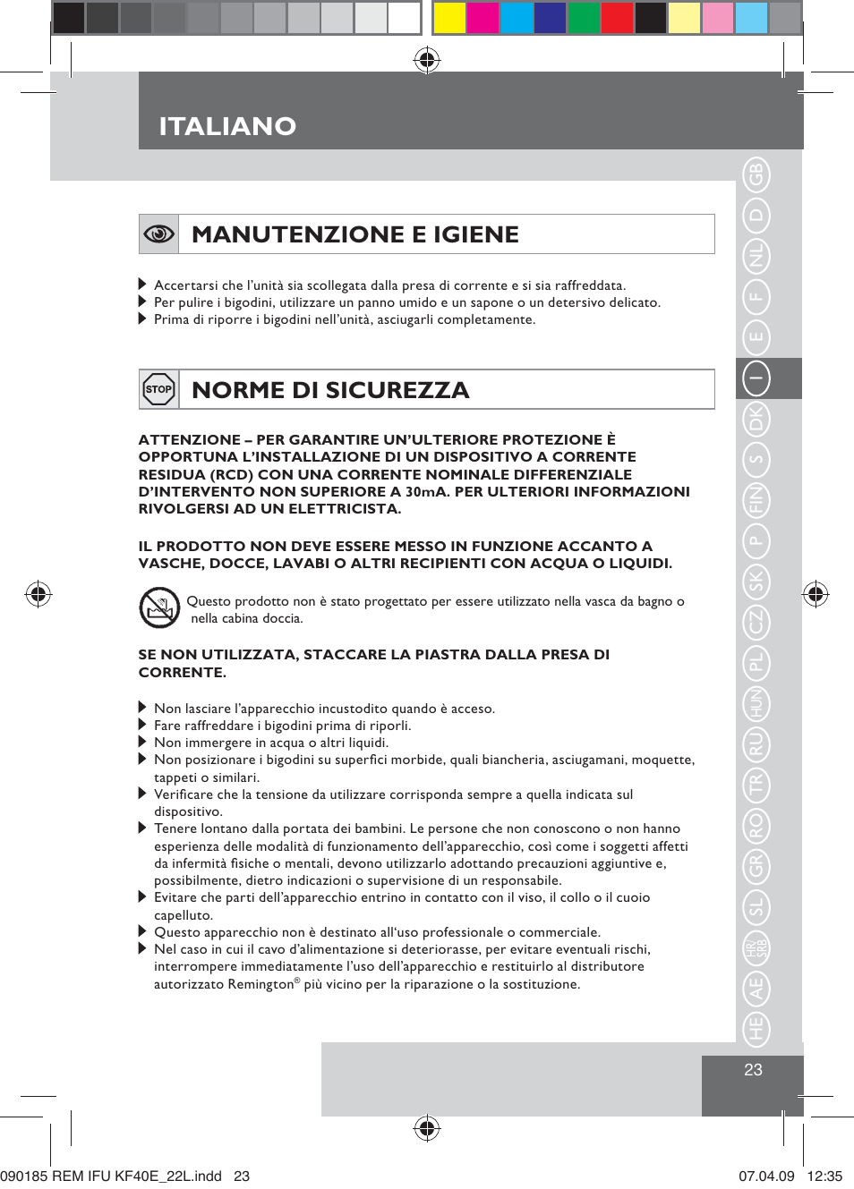 Italiano, Manutenzione e igiene, Norme di sicurezza | Remington KF40E User Manual | Page 25 / 87