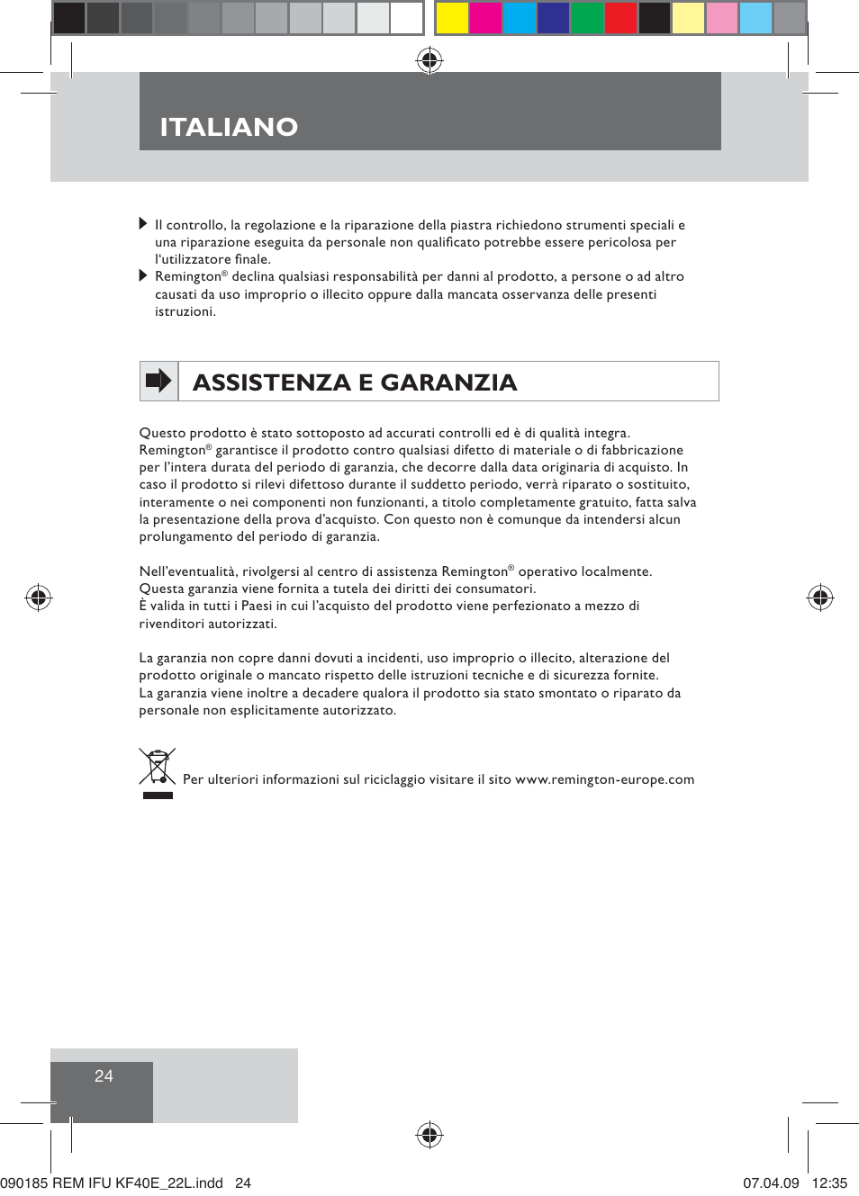 Italiano, Assistenza e garanzia | Remington KF40E User Manual | Page 26 / 87