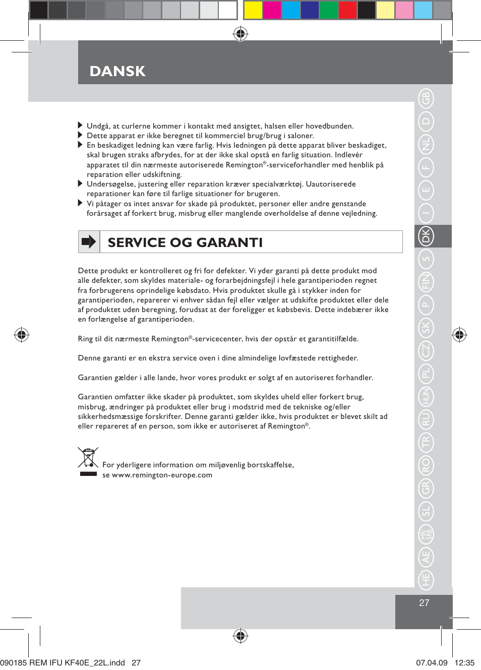 Dansk, Service og garanti | Remington KF40E User Manual | Page 29 / 87