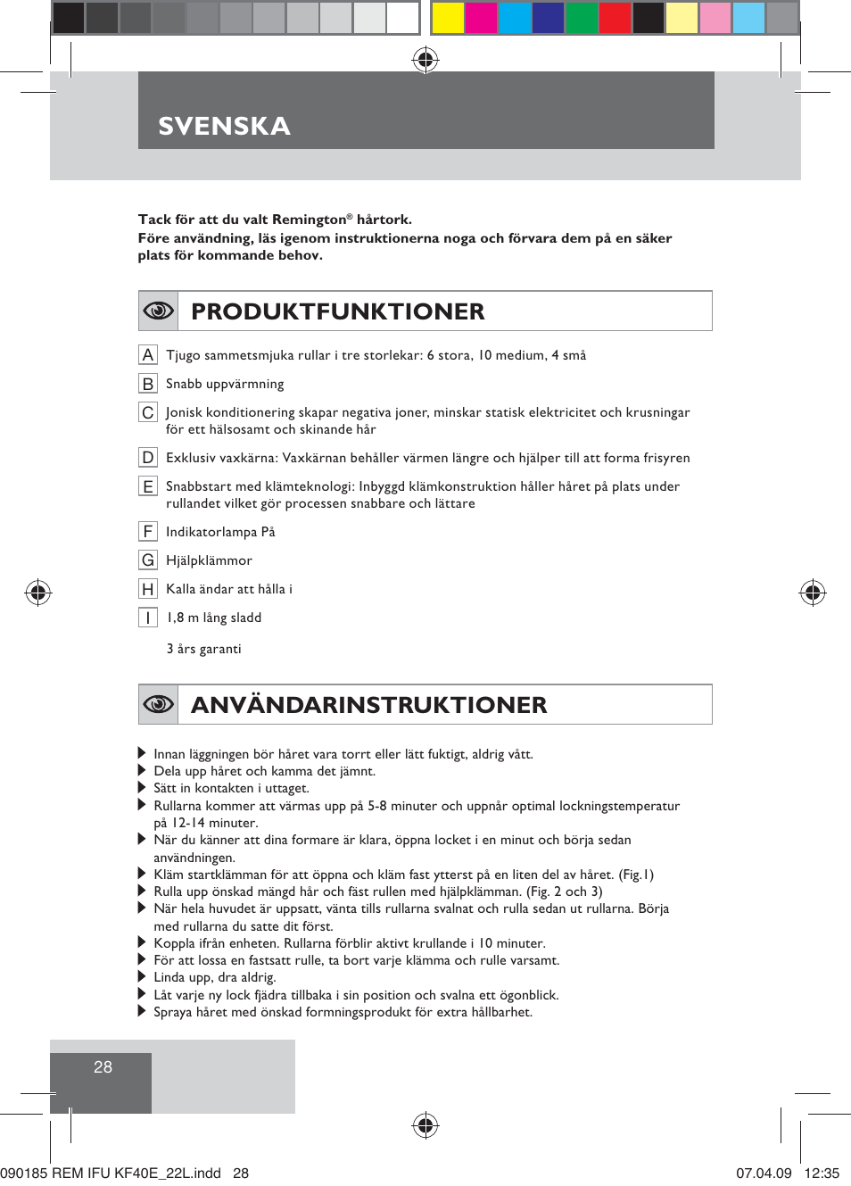 Svenska, Produktfunktioner, Användarinstruktioner | Remington KF40E User Manual | Page 30 / 87