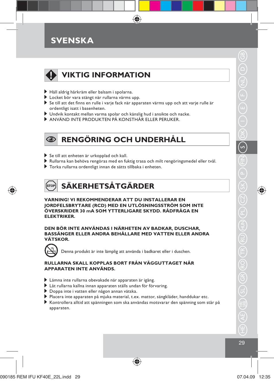 Svenska, Viktig information, Rengöring och underhåll | Säkerhetsåtgärder | Remington KF40E User Manual | Page 31 / 87