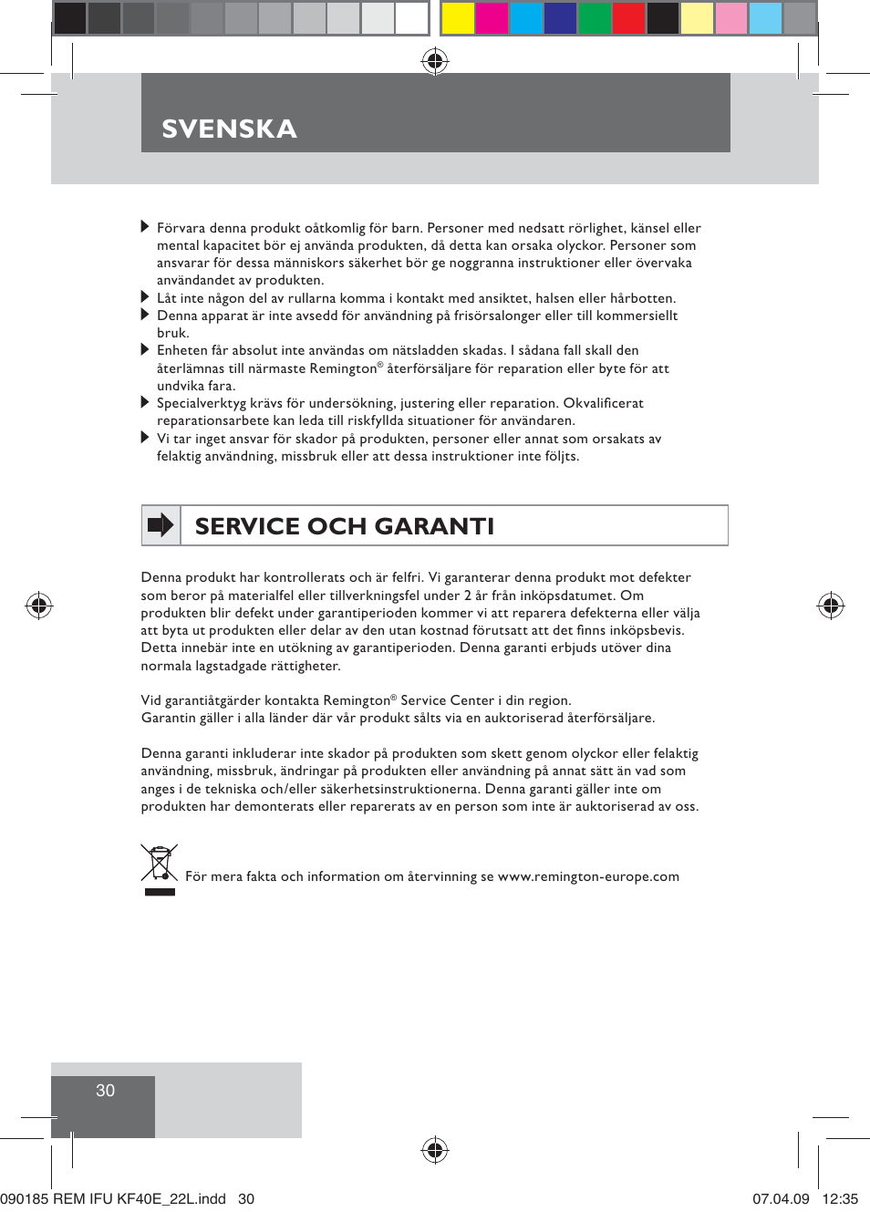 Svenska, Service och garanti | Remington KF40E User Manual | Page 32 / 87