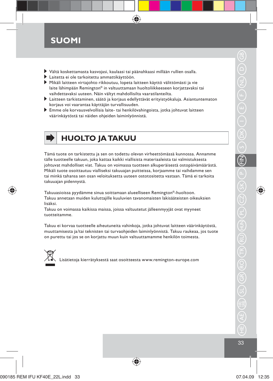 Suomi, Huolto ja takuu | Remington KF40E User Manual | Page 35 / 87