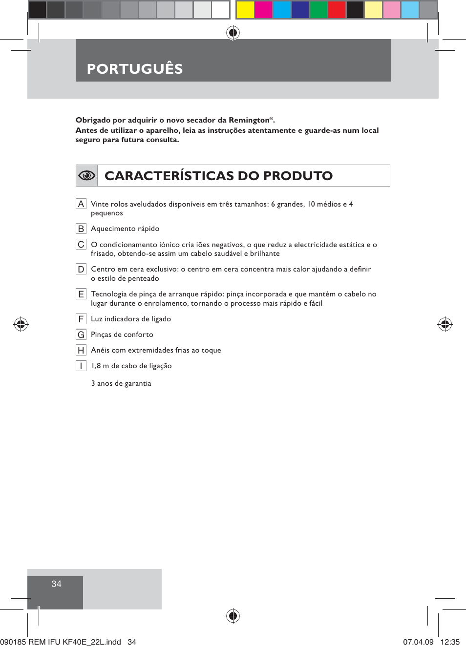 Português, Características do produto | Remington KF40E User Manual | Page 36 / 87
