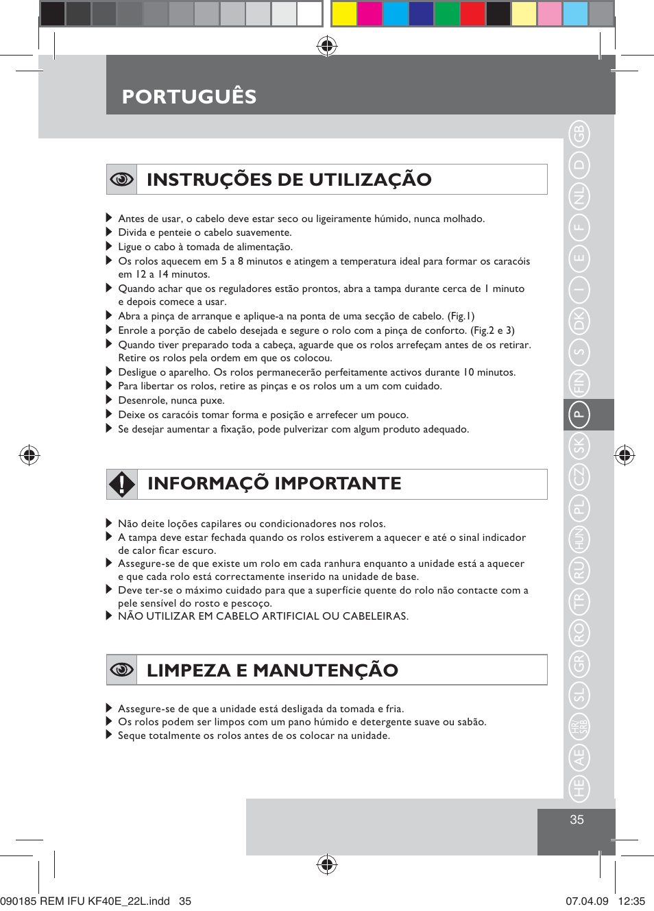 Português, Instruções de utilização, Informaçõ importante | Limpeza e manutenção | Remington KF40E User Manual | Page 37 / 87