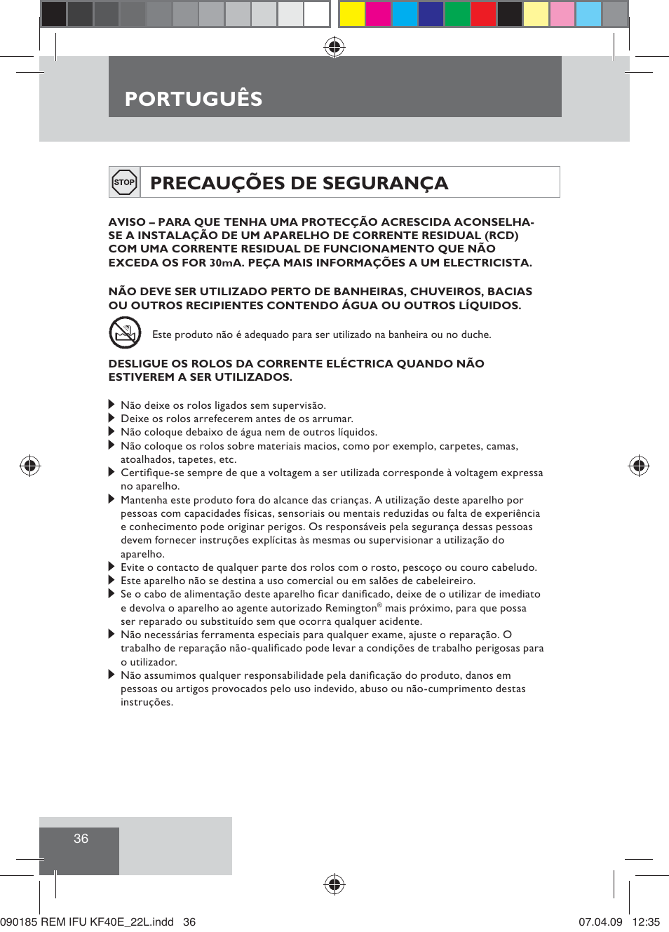 Português, Precauções de segurança | Remington KF40E User Manual | Page 38 / 87