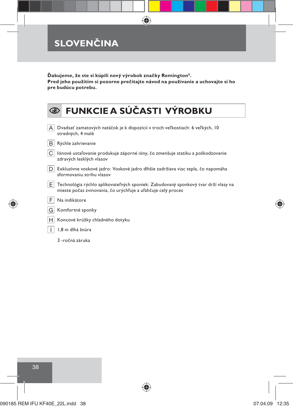 Sloven ina, Slovenčina, Funkcie a súčasti výrobku | Remington KF40E User Manual | Page 40 / 87