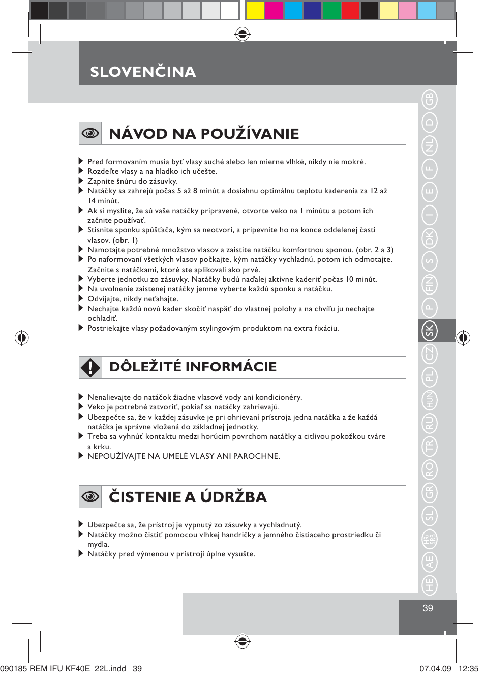 Sloven ina, Slovenčina návod na používanie, Čistenie a údržba | Dôležité informácie | Remington KF40E User Manual | Page 41 / 87