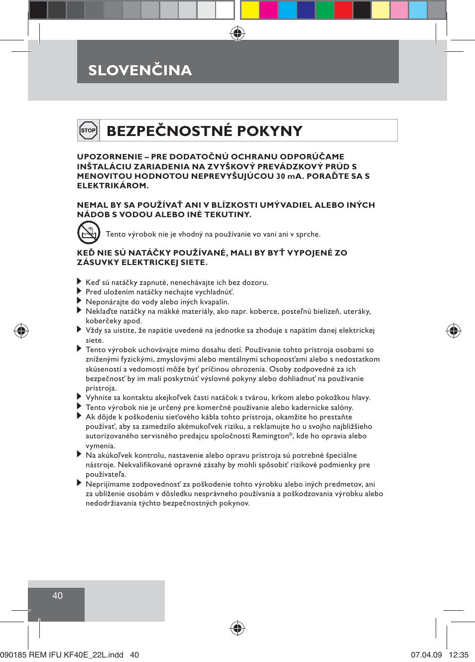 Sloven ina, Slovenčina bezpečnostné pokyny | Remington KF40E User Manual | Page 42 / 87