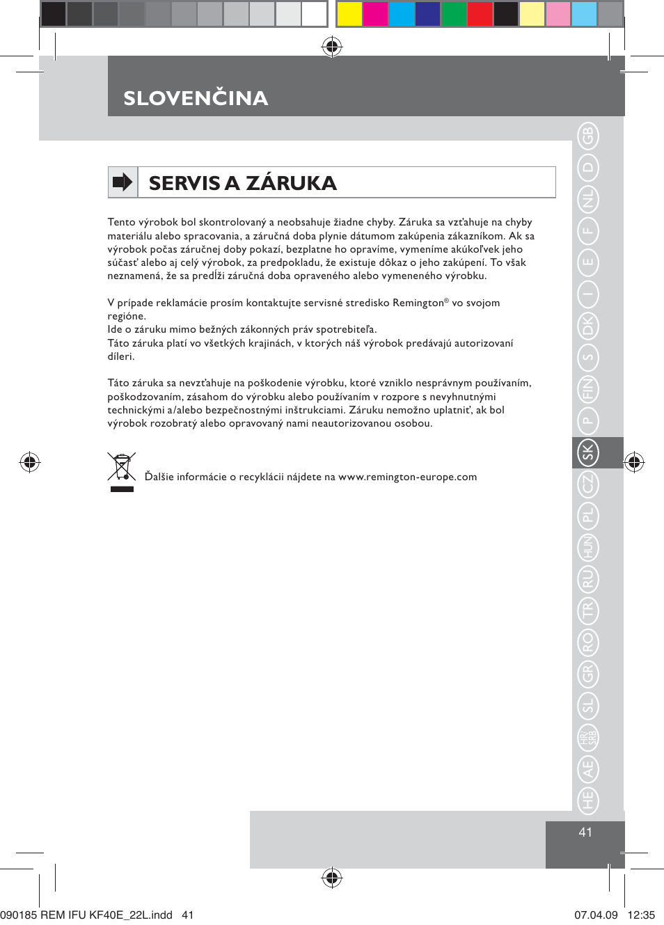 Sloven ina, Slovenčina servis a záruka | Remington KF40E User Manual | Page 43 / 87