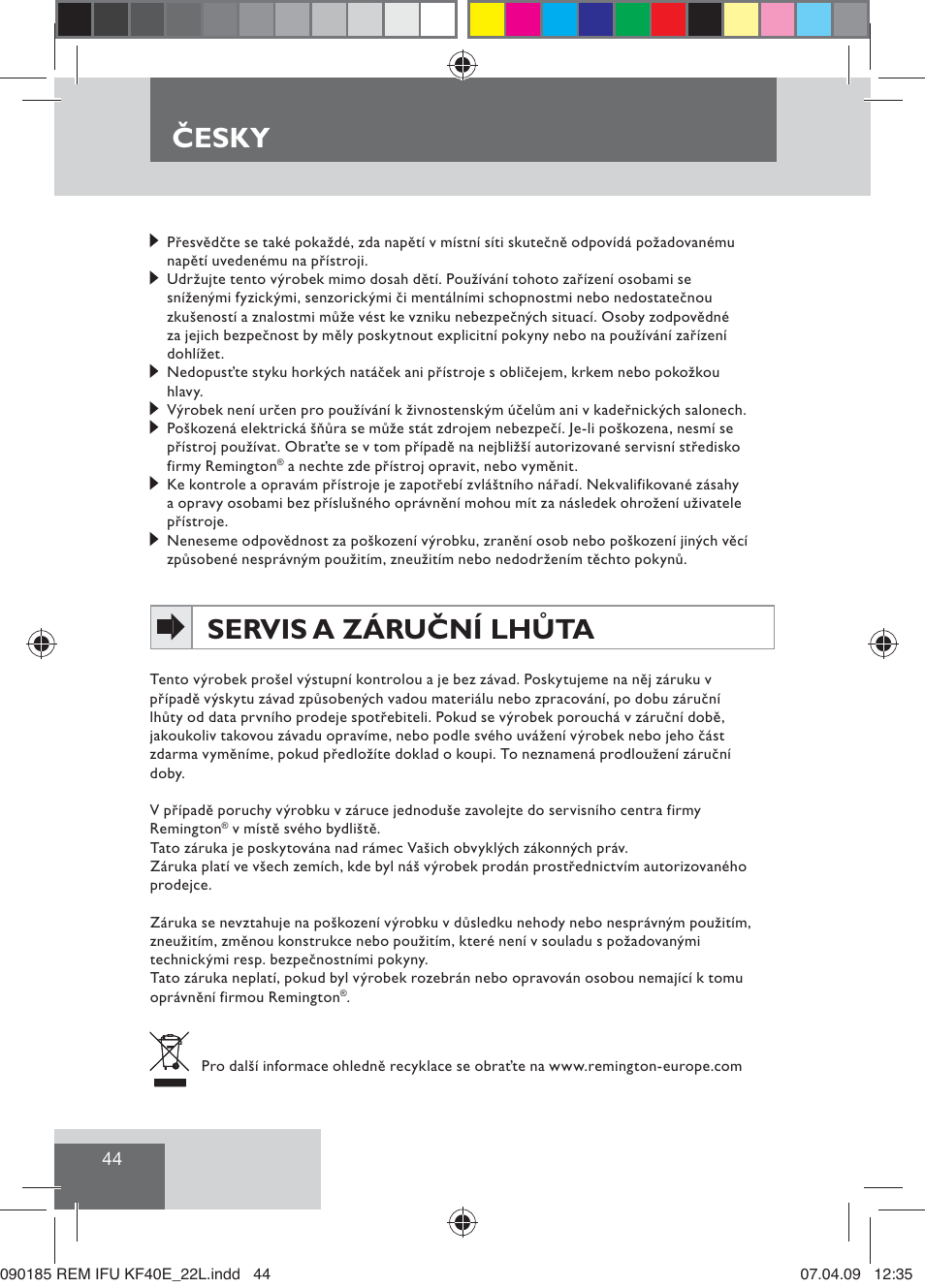 Servis a záruční lhůta, Česky | Remington KF40E User Manual | Page 46 / 87