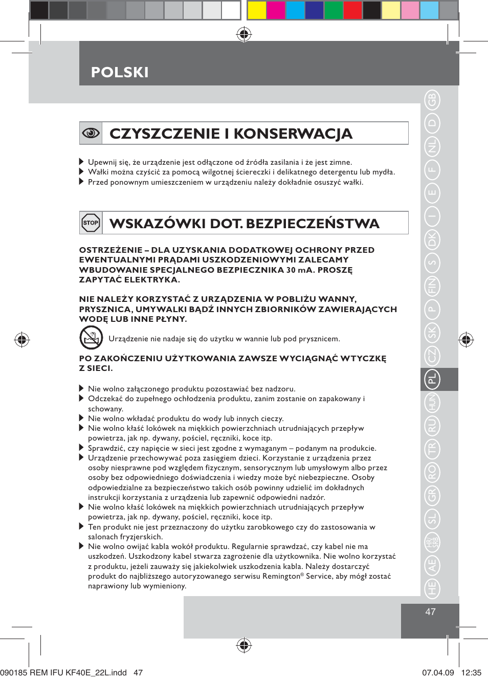 Polski, Czyszczenie i konserwacja, Wskazówki dot. bezpieczeństwa | Remington KF40E User Manual | Page 49 / 87