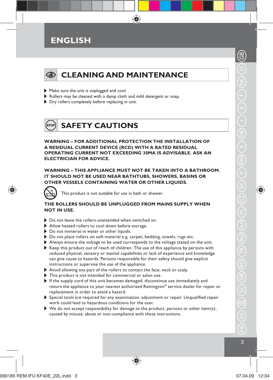 English, Cleaning and maintenance, Safety cautions | Remington KF40E User Manual | Page 5 / 87