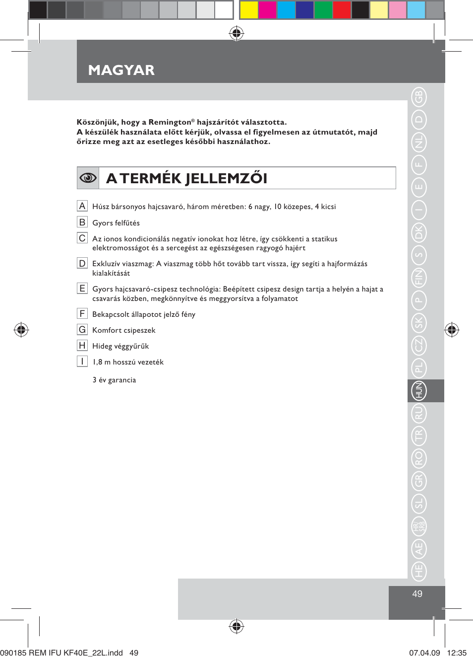 Magyar, A termék jellemzői | Remington KF40E User Manual | Page 51 / 87