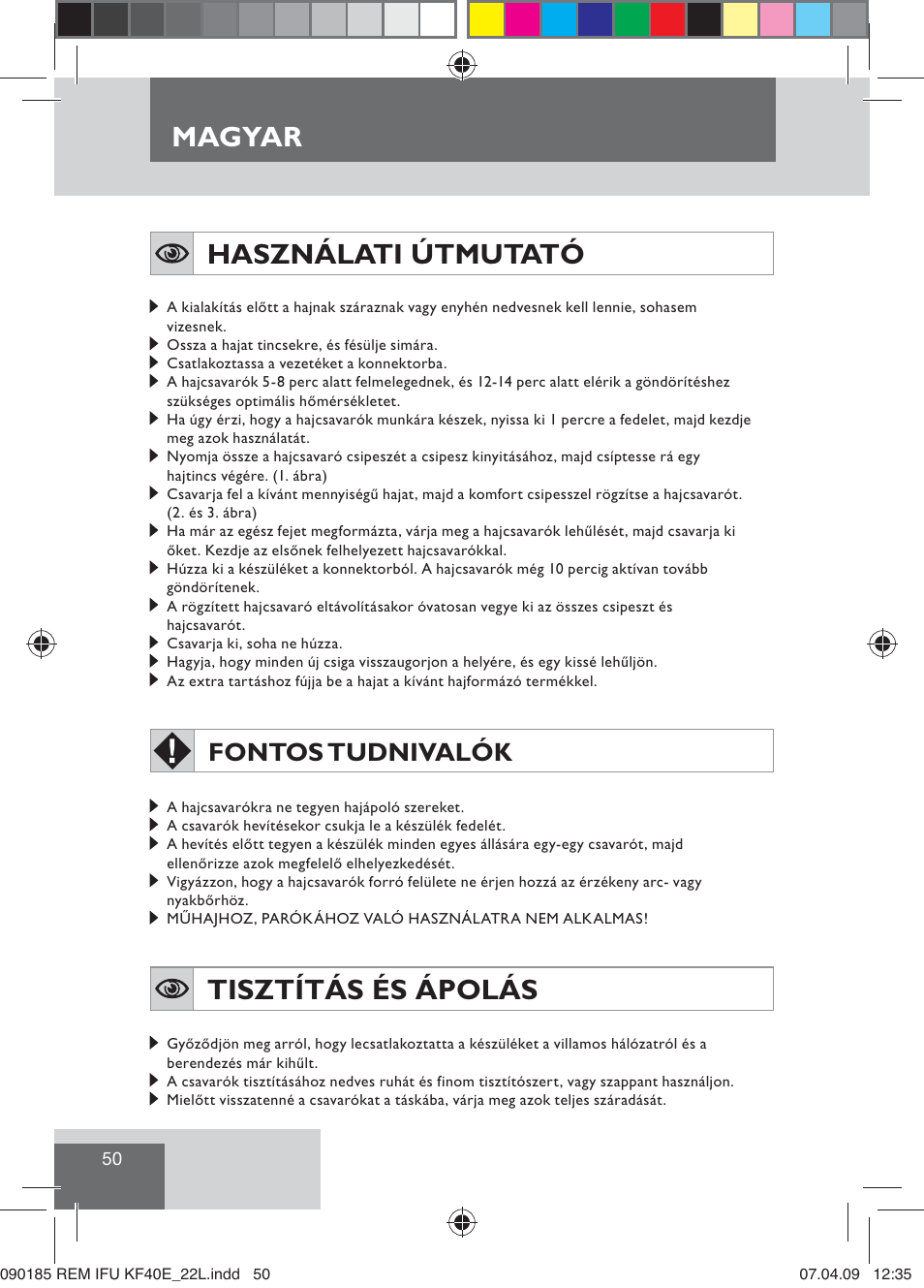 Magyar, Használati útmutató, Tisztítás és ápolás | Fontos tudnivalók | Remington KF40E User Manual | Page 52 / 87