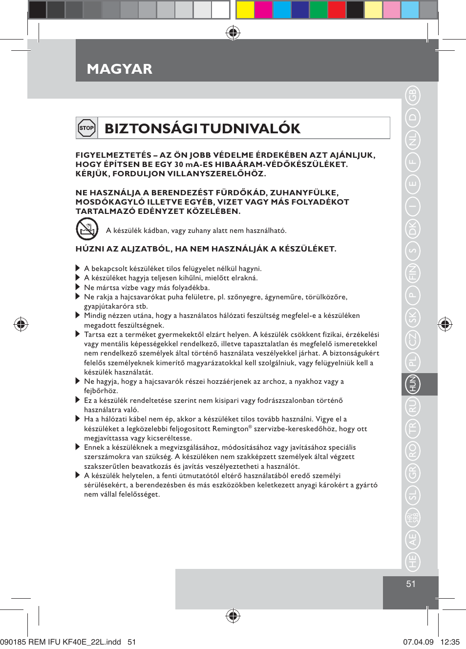 Magyar, Biztonsági tudnivalók | Remington KF40E User Manual | Page 53 / 87