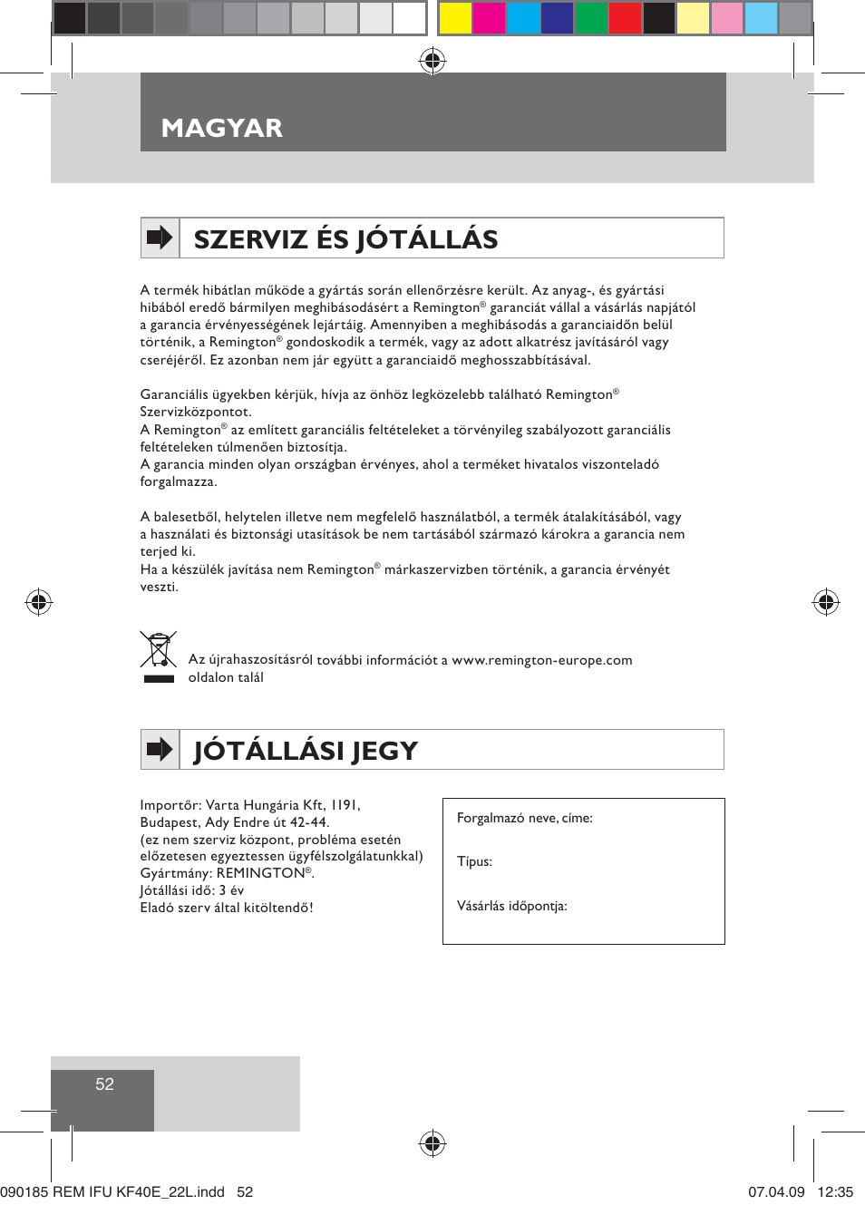 Magyar, Szerviz és jótállás, Jótállási jegy | Remington KF40E User Manual | Page 54 / 87