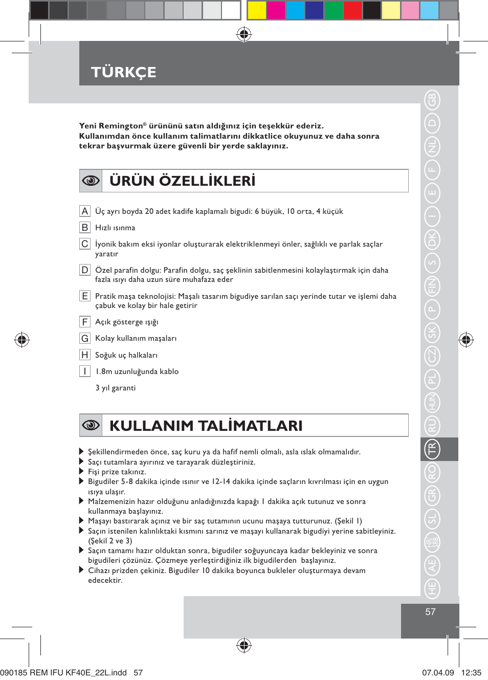 Türkçe, Kullanim talimatlari, Ürün özellikleri | Remington KF40E User Manual | Page 59 / 87
