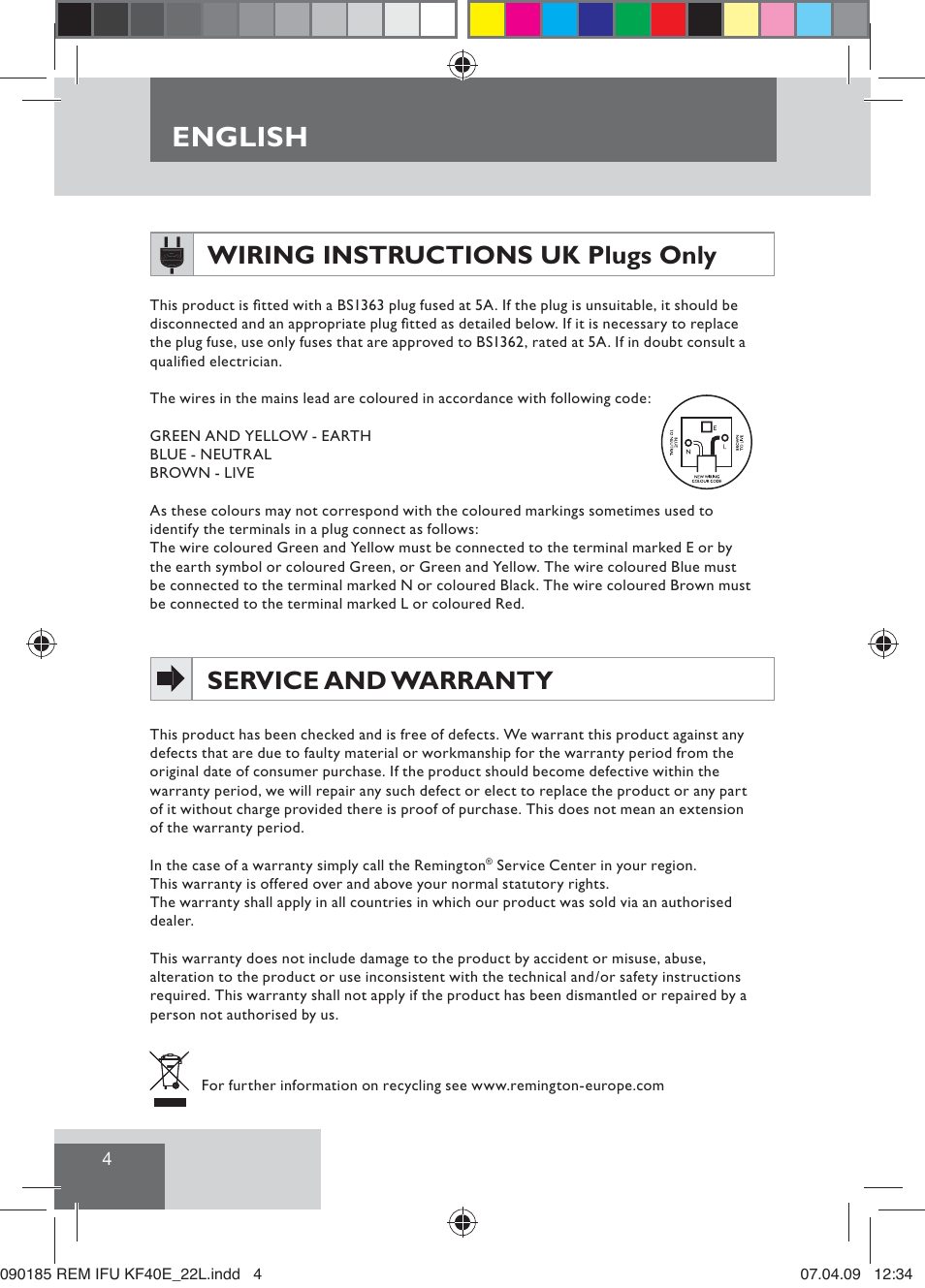 English, Wiring instructions uk plugs only, Service and warranty | Remington KF40E User Manual | Page 6 / 87