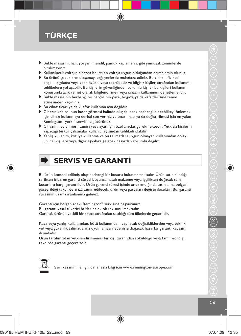 Türkçe, Servis ve garanti | Remington KF40E User Manual | Page 61 / 87