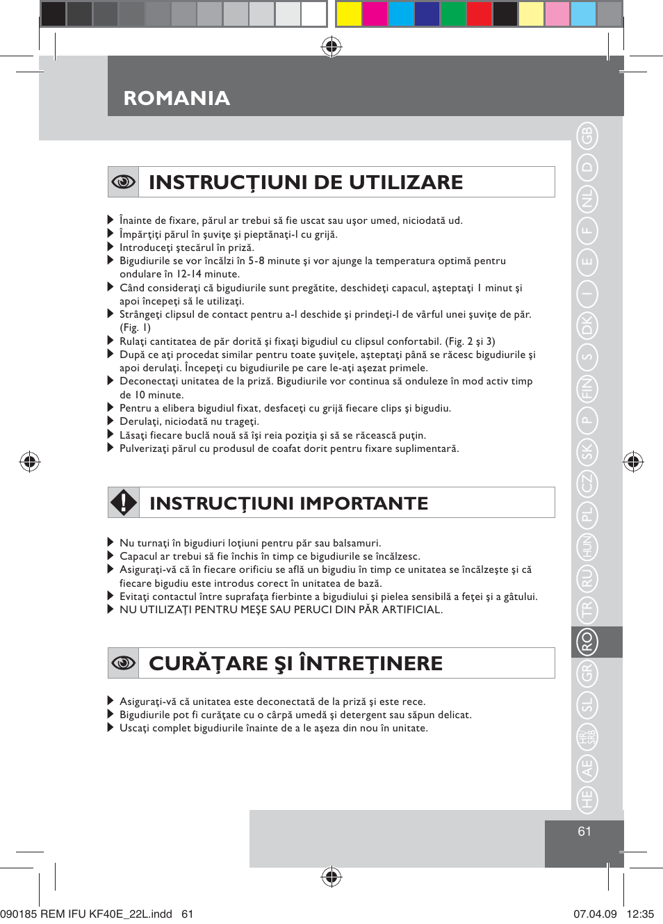 Romania, Instrucţiuni de utilizare, Curăţare şi întreţinere | Instrucţiuni importante | Remington KF40E User Manual | Page 63 / 87