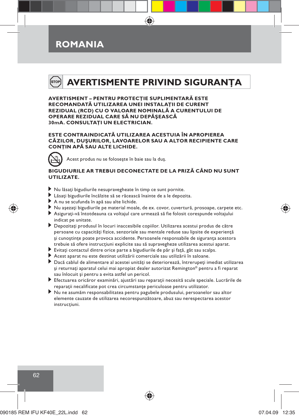 Romania, Avertismente privind siguranţa | Remington KF40E User Manual | Page 64 / 87