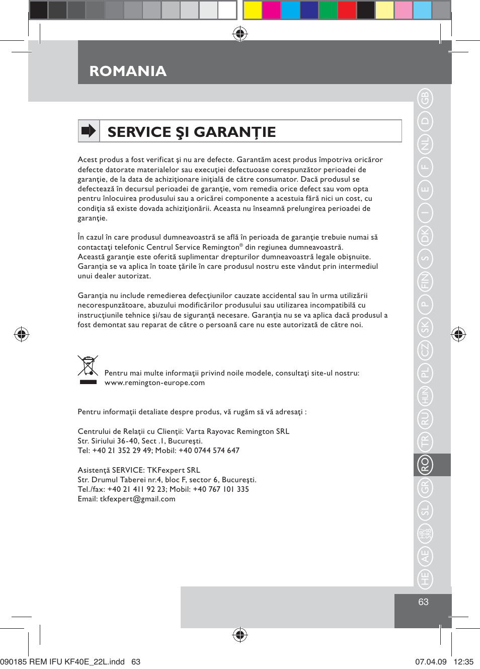 Romania, Service şi garanţie | Remington KF40E User Manual | Page 65 / 87