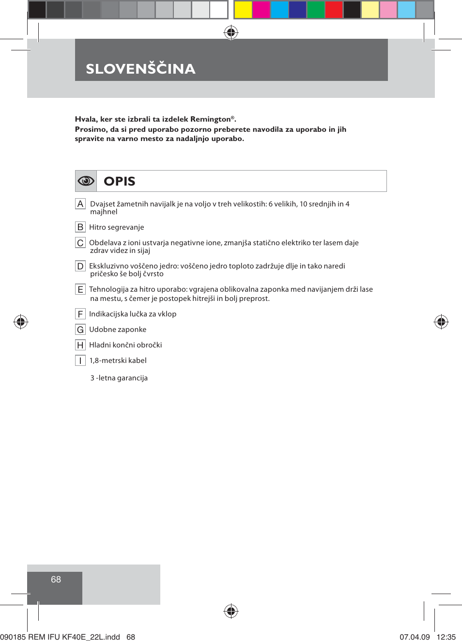 Slovenščina, Opis | Remington KF40E User Manual | Page 70 / 87