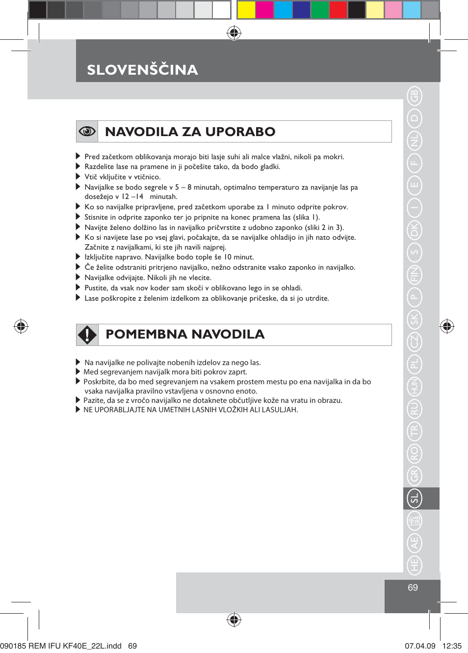 Slovenščina, Navodila za uporabo, Pomembna navodila | Remington KF40E User Manual | Page 71 / 87
