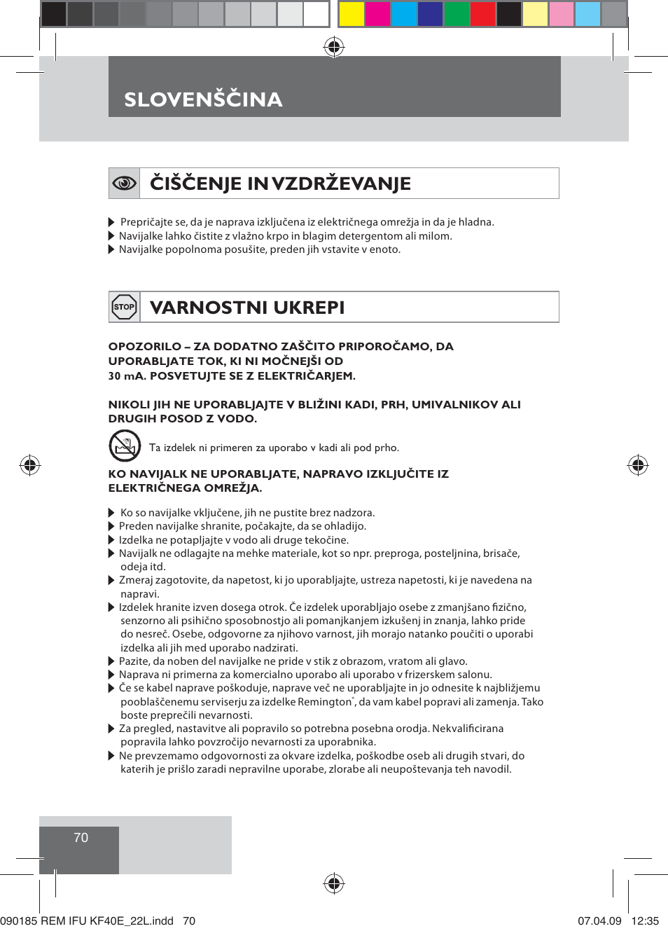 Slovenščina, Čiščenje in vzdrževanje, Varnostni ukrepi | Remington KF40E User Manual | Page 72 / 87