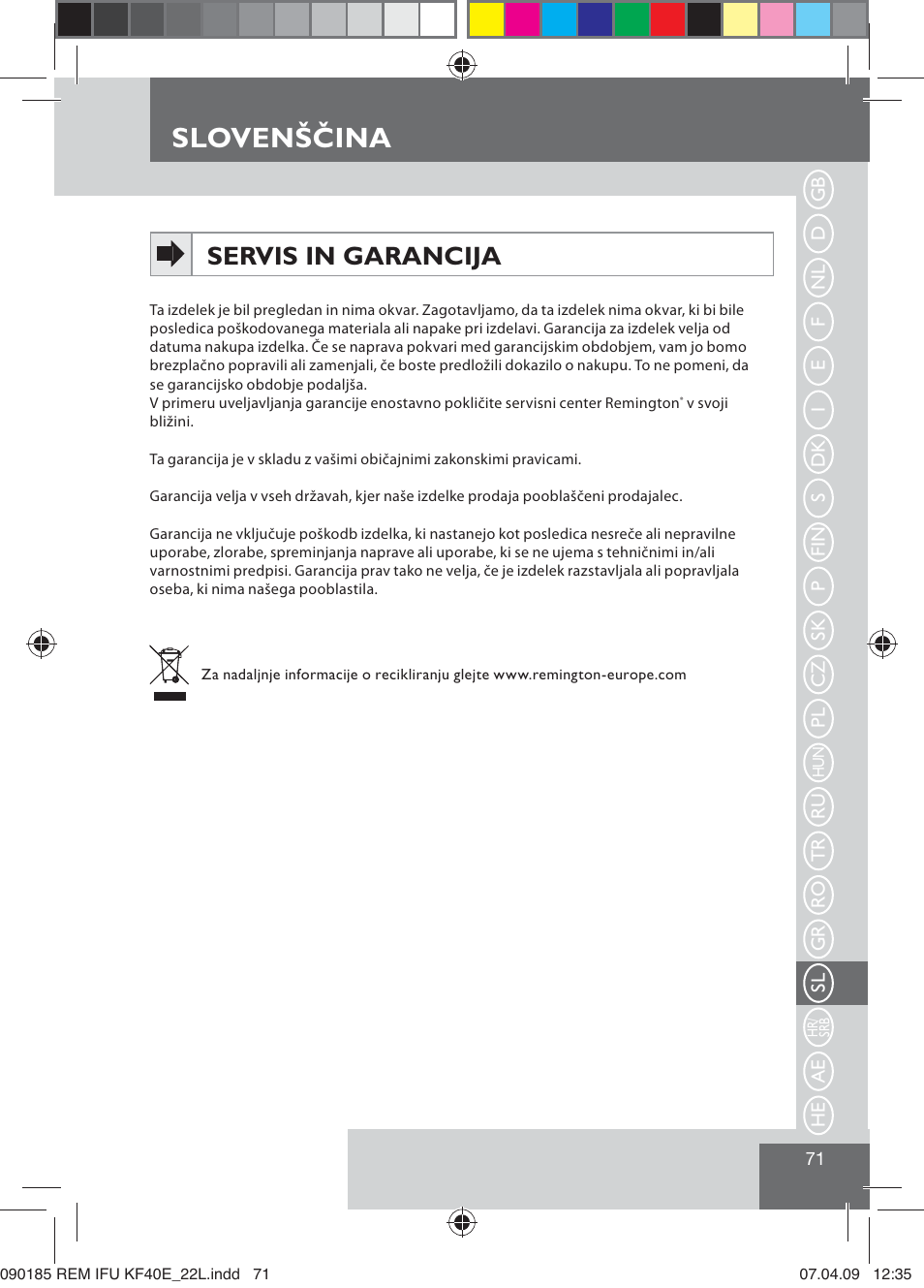 Slovenščina, Servis in garancija | Remington KF40E User Manual | Page 73 / 87