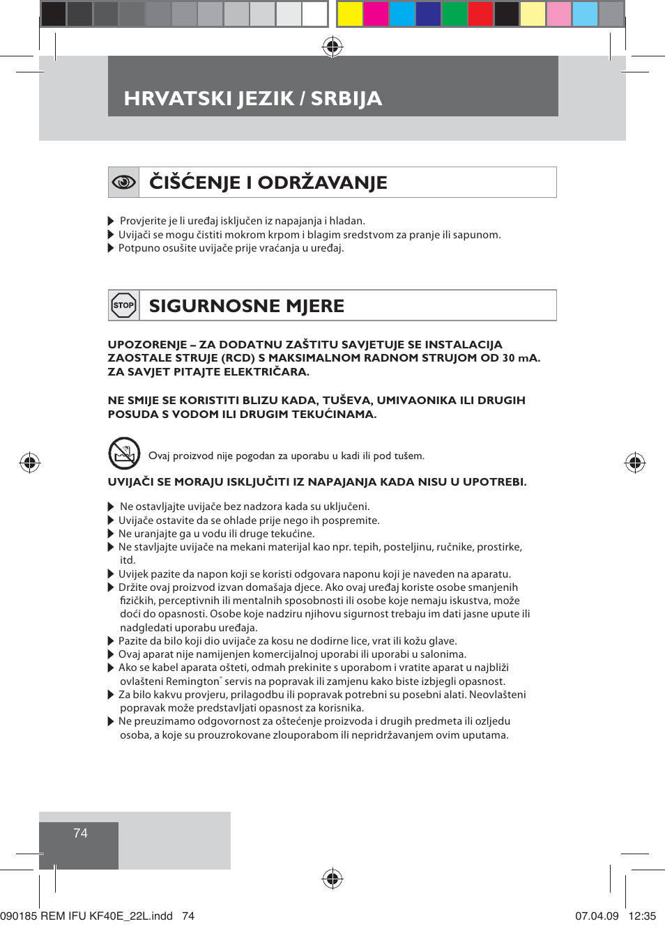 Hrvatski jezik / srbija, Čišćenje i održavanje, Sigurnosne mjere | Remington KF40E User Manual | Page 76 / 87