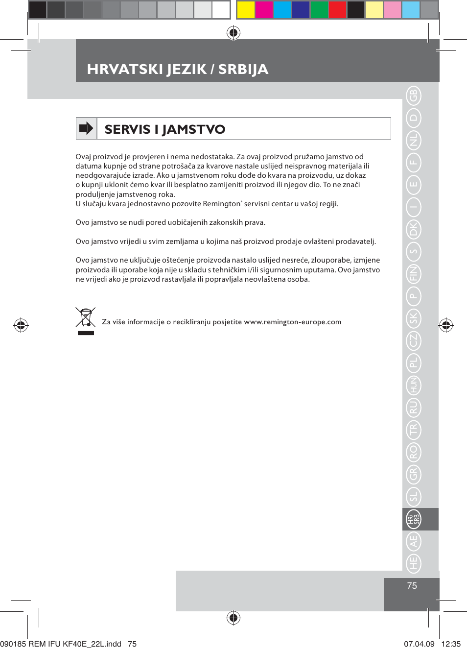 Hrvatski jezik / srbija, Servis i jamstvo | Remington KF40E User Manual | Page 77 / 87