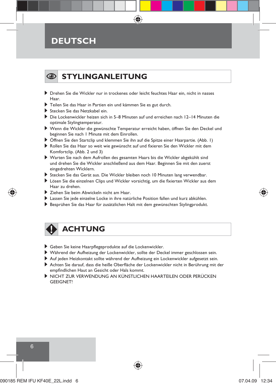 Deutsch, Stylinganleitung, Achtung | Remington KF40E User Manual | Page 8 / 87