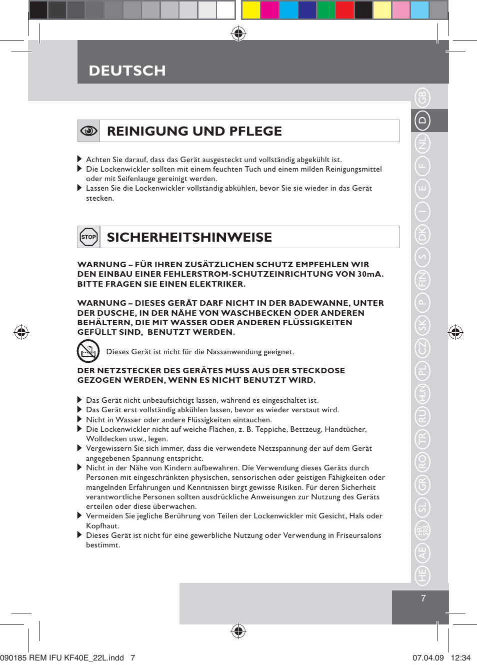 Deutsch, Reinigung und pflege, Sicherheitshinweise | Remington KF40E User Manual | Page 9 / 87