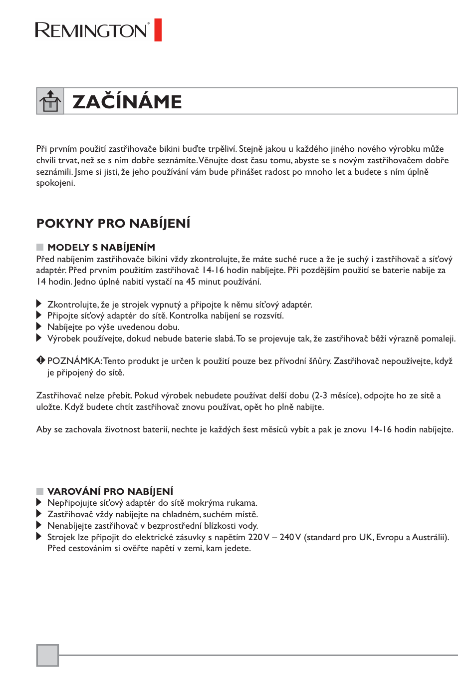 Začínáme, Pokyny pro nabíjení | Remington BKT3000C User Manual | Page 65 / 96
