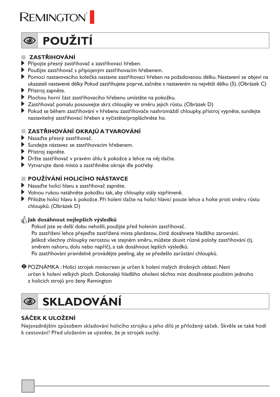 Použití, Skladování | Remington BKT3000C User Manual | Page 67 / 96