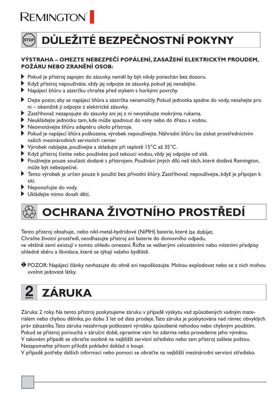 Ochrana životního prostředí, Záruka, Důležité bezpečnostní pokyny | Remington BKT3000C User Manual | Page 69 / 96