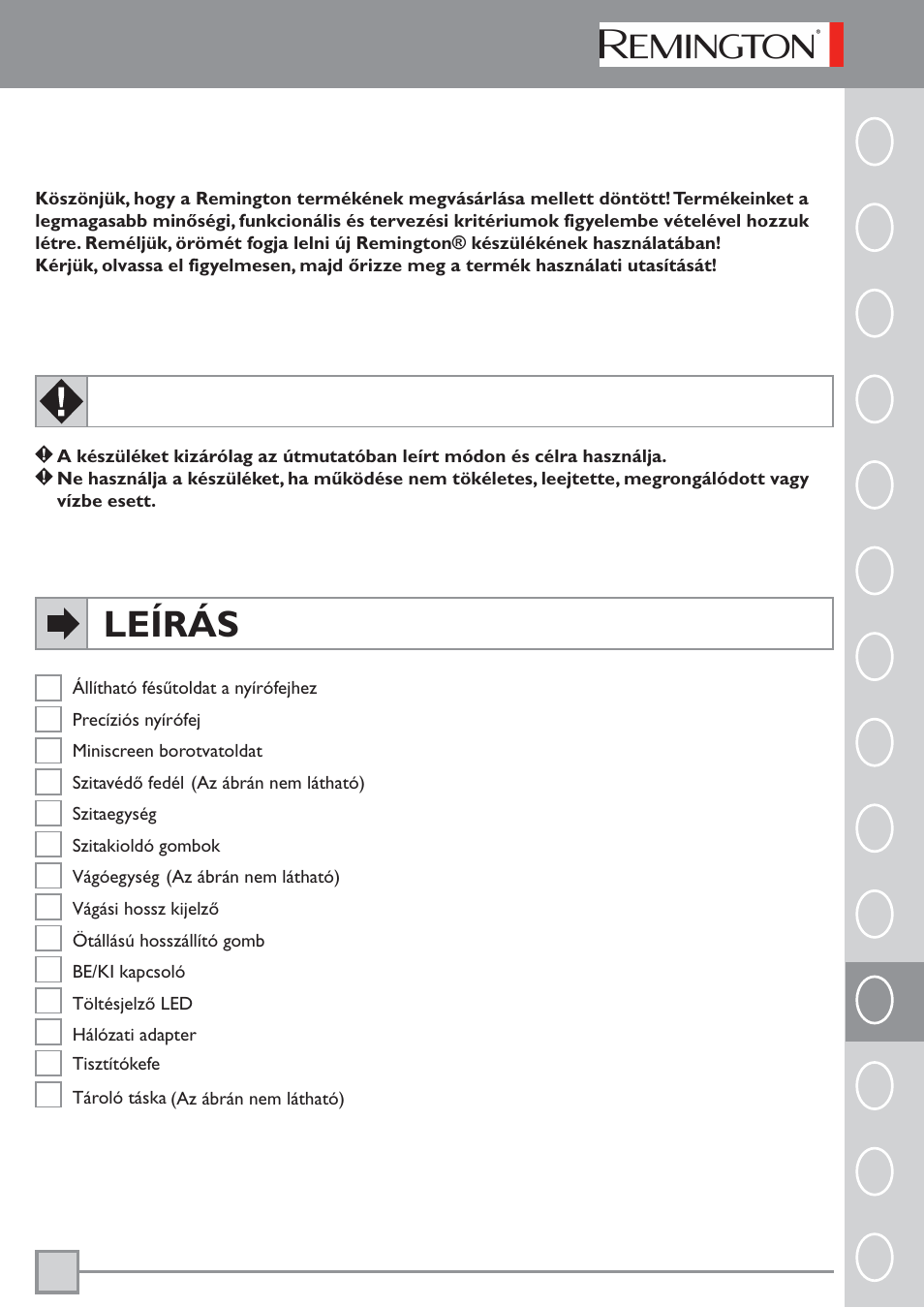 Magyar, Figyelem, Leírás | Pl ru tr | Remington BKT3000C User Manual | Page 70 / 96
