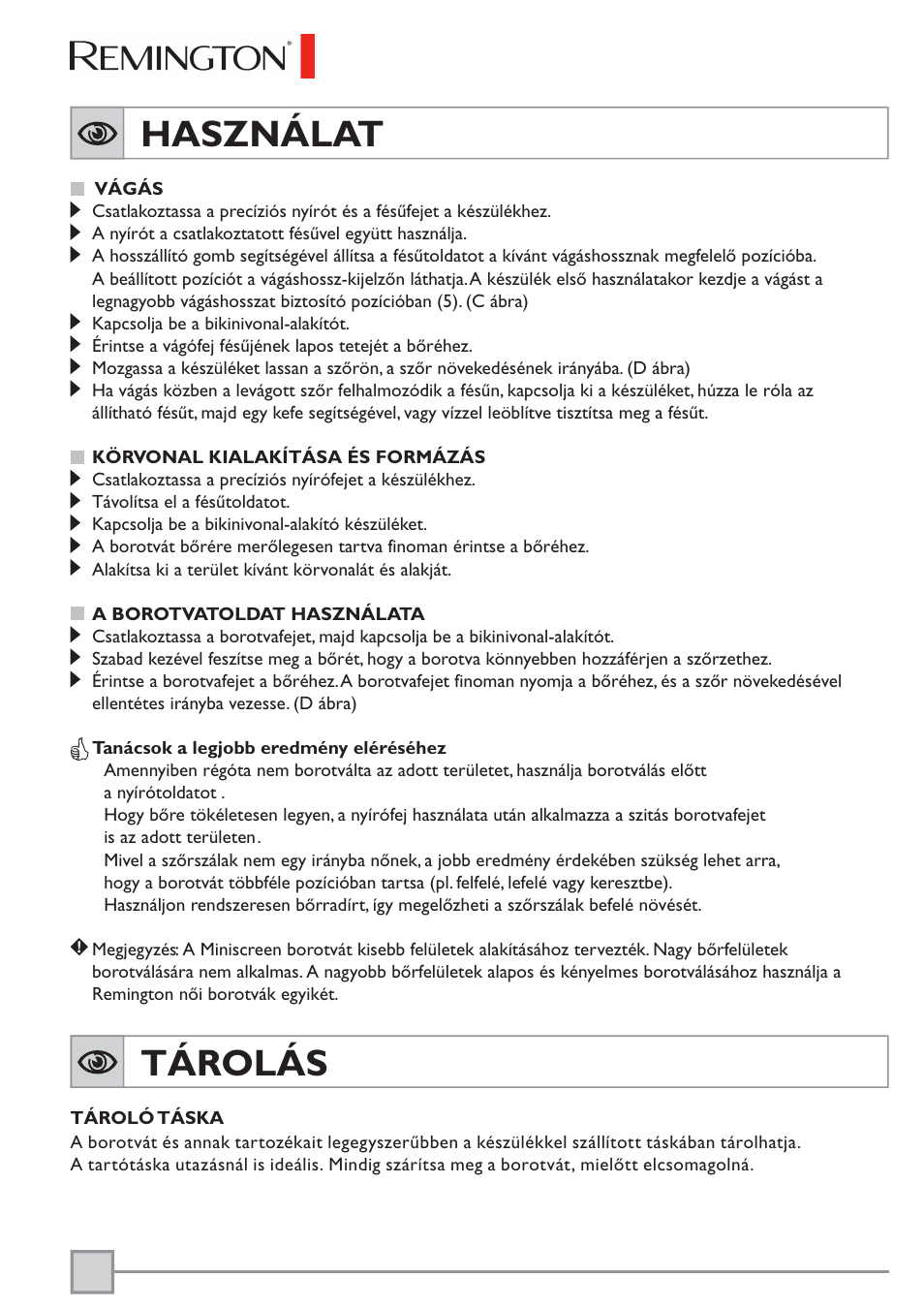 Használat, Tárolás | Remington BKT3000C User Manual | Page 73 / 96