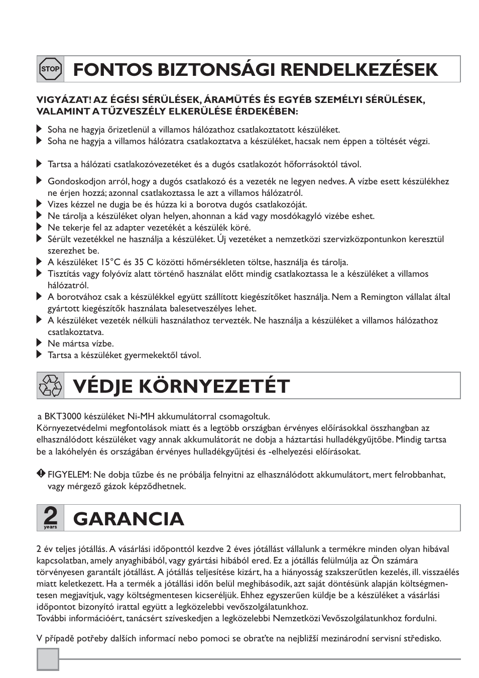 Védje környezetét, Garancia, Fontos biztonsági rendelkezések | Remington BKT3000C User Manual | Page 75 / 96