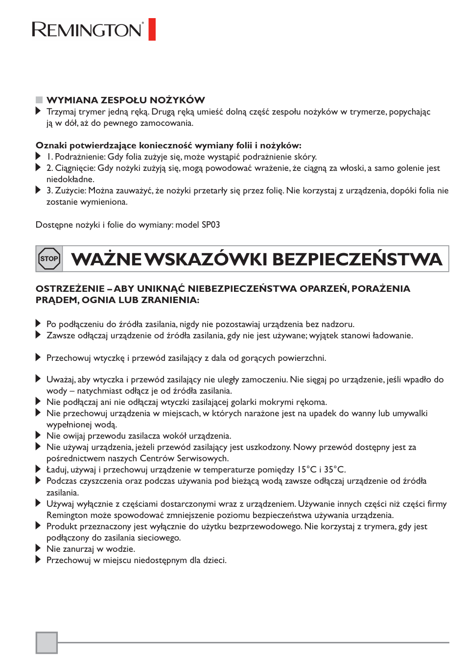 Ważne wskazówki bezpieczeństwa | Remington BKT3000C User Manual | Page 81 / 96