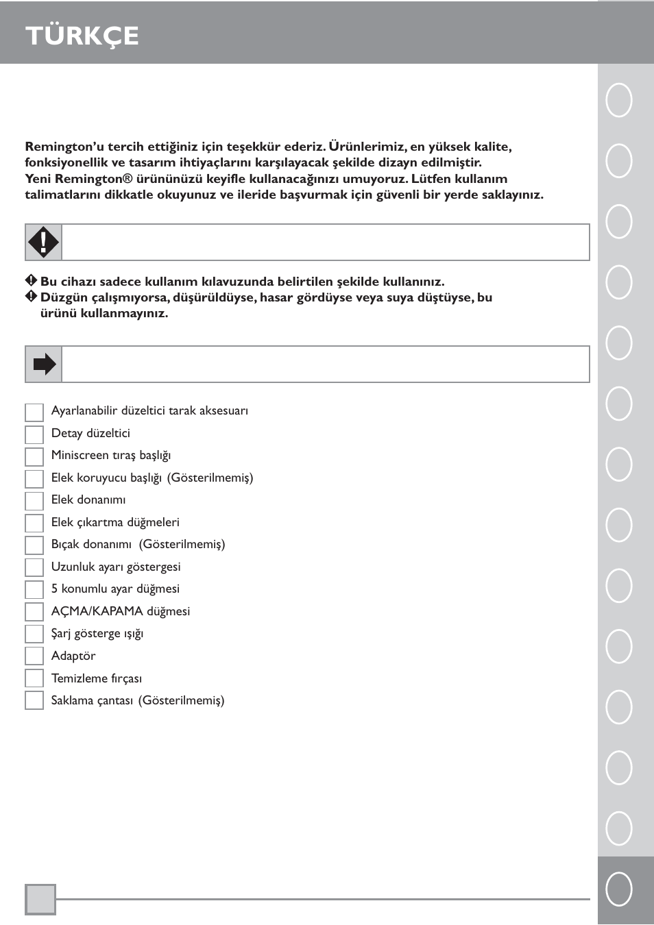 Uyari, Açiklama, Türkçe | Pl ru tr | Remington BKT3000C User Manual | Page 90 / 96