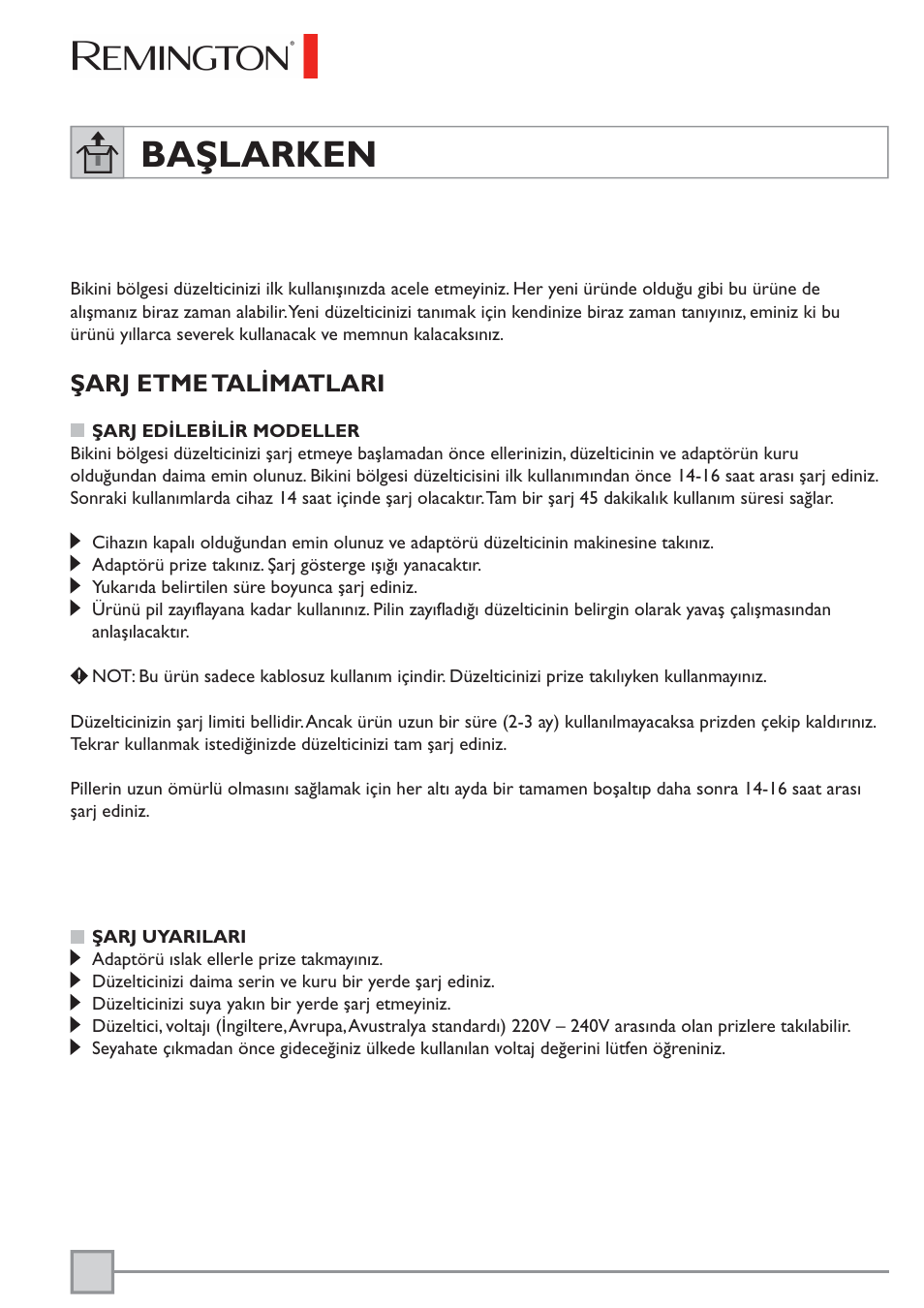 Başlarken, Şarj etme talimatlari | Remington BKT3000C User Manual | Page 91 / 96