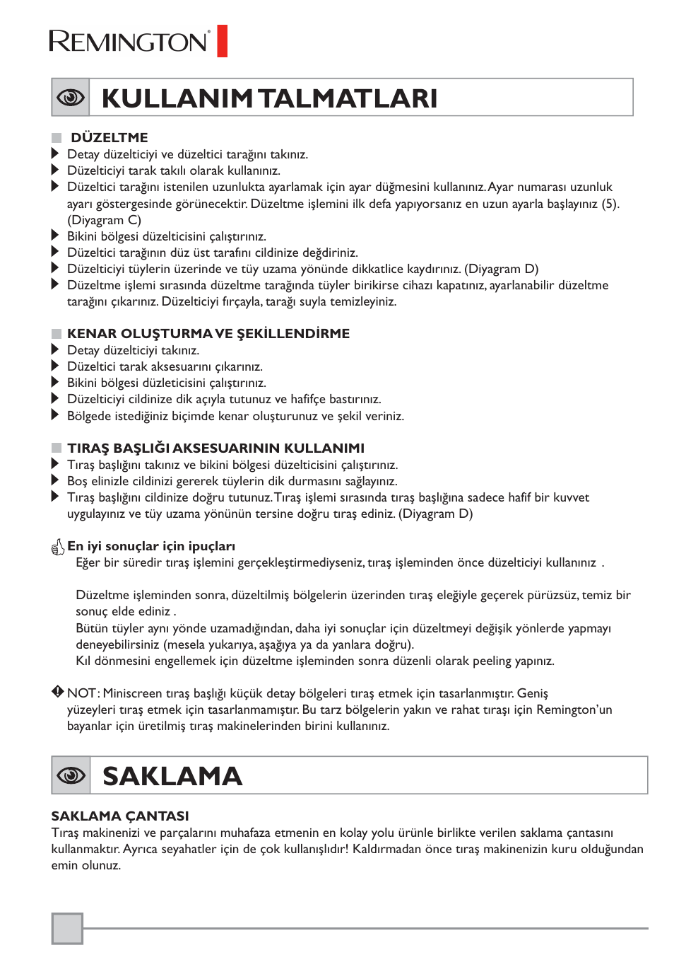 Kullanim talmatlari, Saklama | Remington BKT3000C User Manual | Page 93 / 96