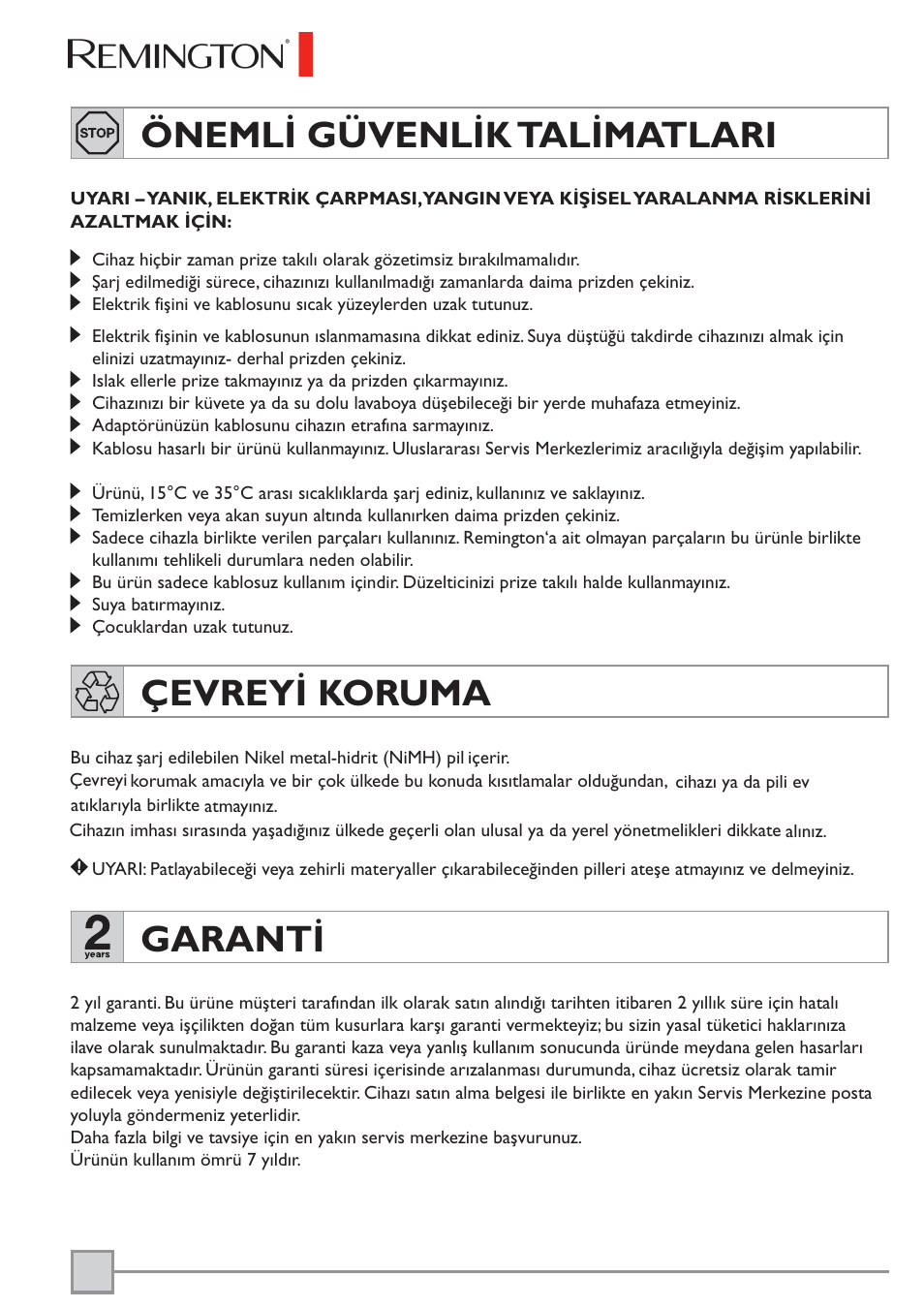 Önemli güvenlik talimatlari, Çevreyi koruma, Garanti | Remington BKT3000C User Manual | Page 95 / 96