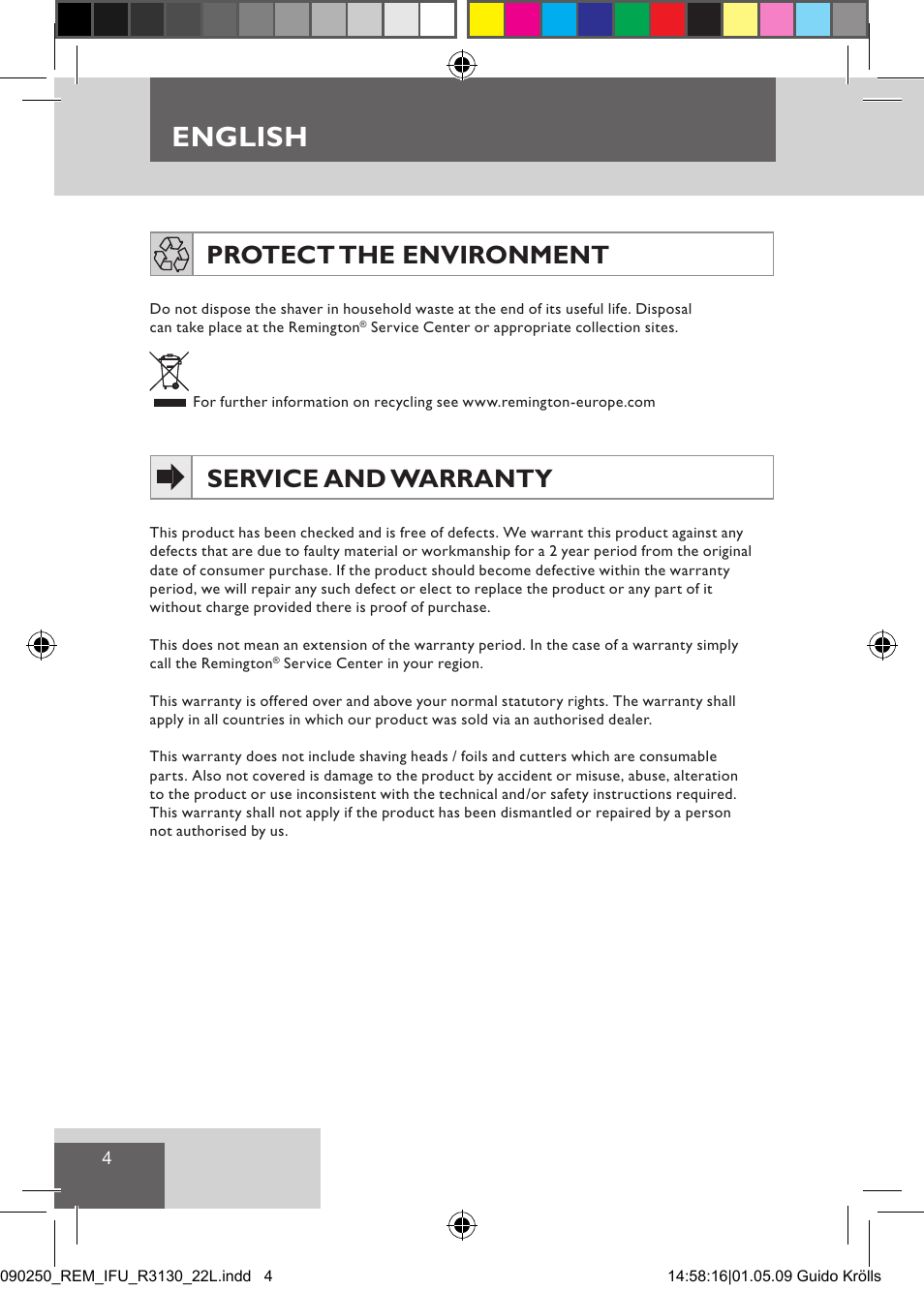 English, Protect the environment, Service and warranty | Remington R3150 User Manual | Page 10 / 110