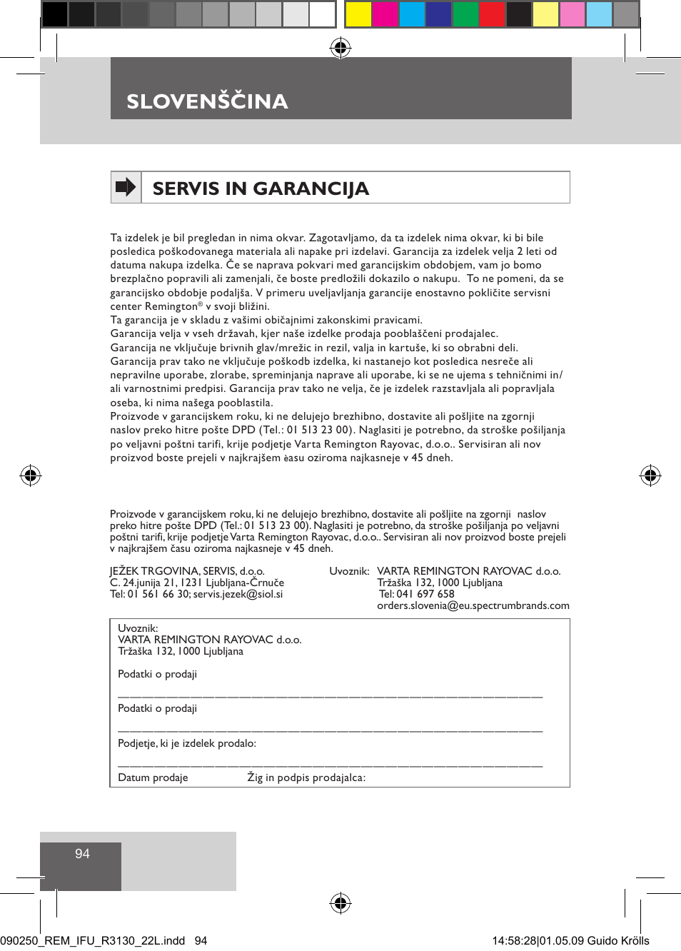 Slovenščina, Servis in garancija | Remington R3150 User Manual | Page 100 / 110